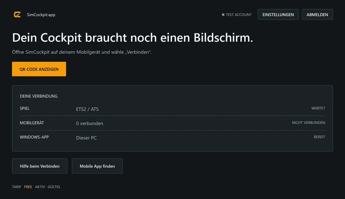 SimCockpit für Windows nach der Anmeldung, mit der Schaltfläche für den Kopplungs-QR-Code