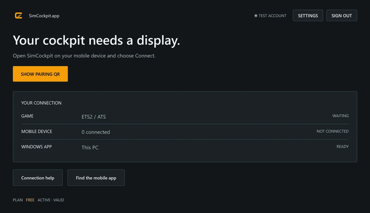 SimCockpit for Windows after sign-in, with the button that shows the pairing QR code