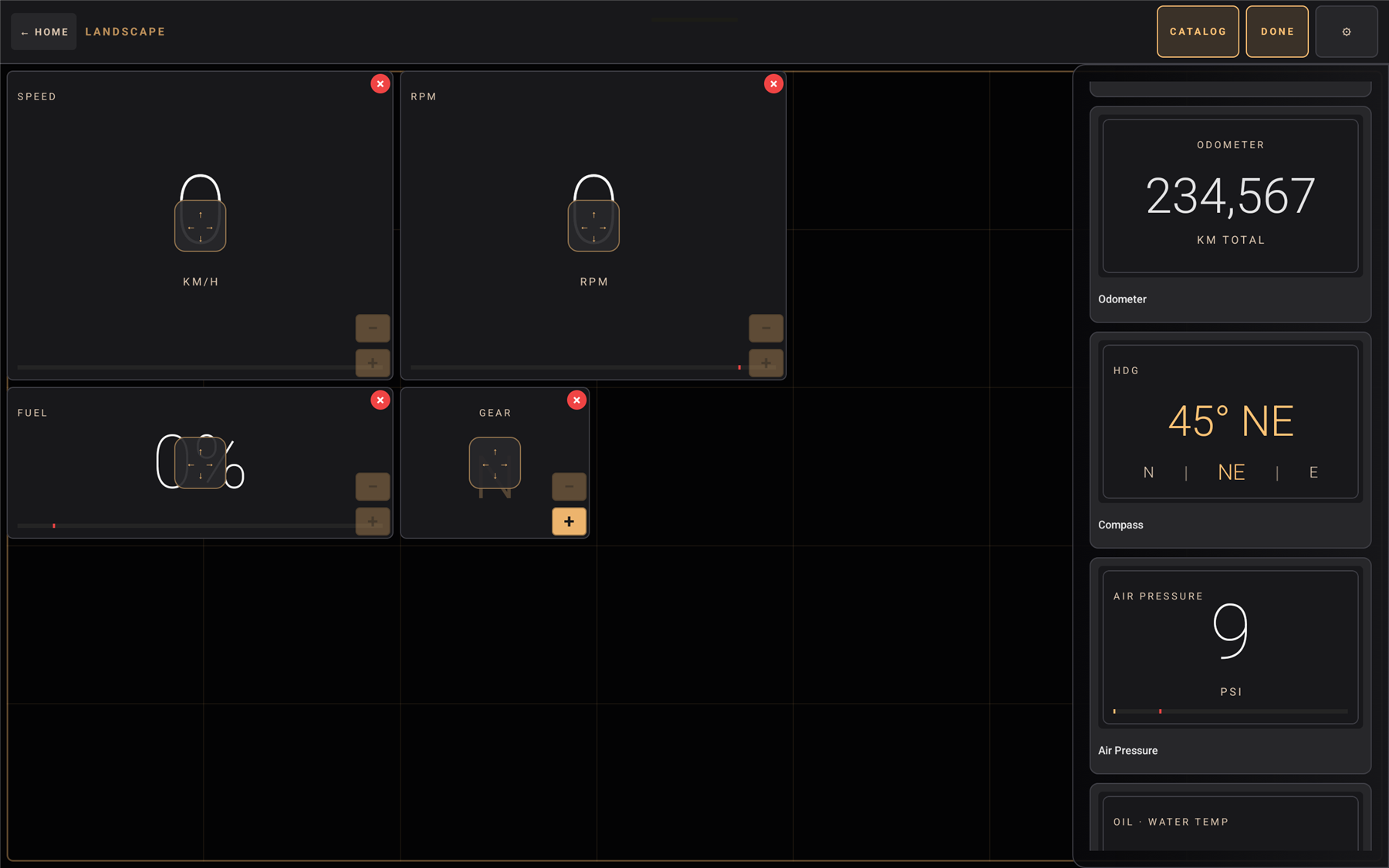 Widget catalog with realistic gauge previews