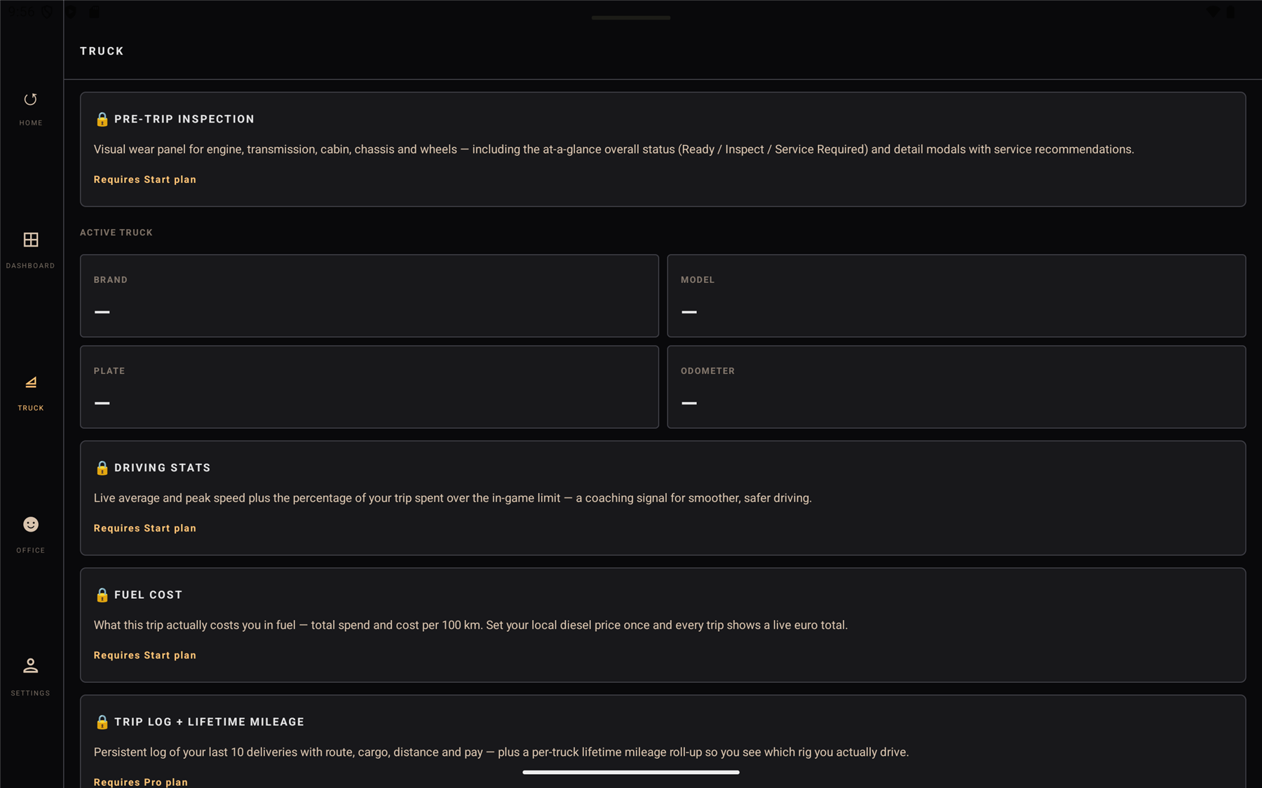 Truck hub with pre-trip inspection, driving stats, fuel cost and trip log